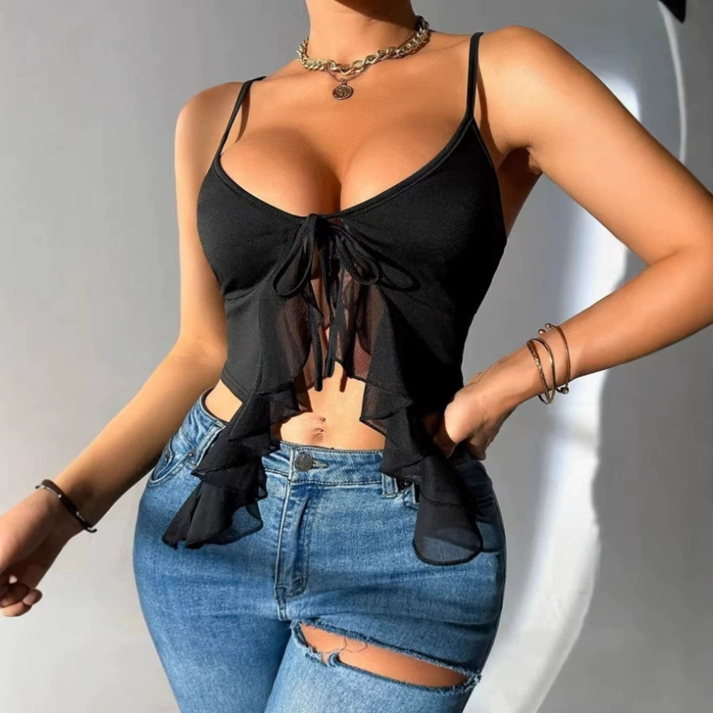 ZARA Street Style Fashion Camisole Low Cut Square Neck Mesh Ruffled Tie Crop Top